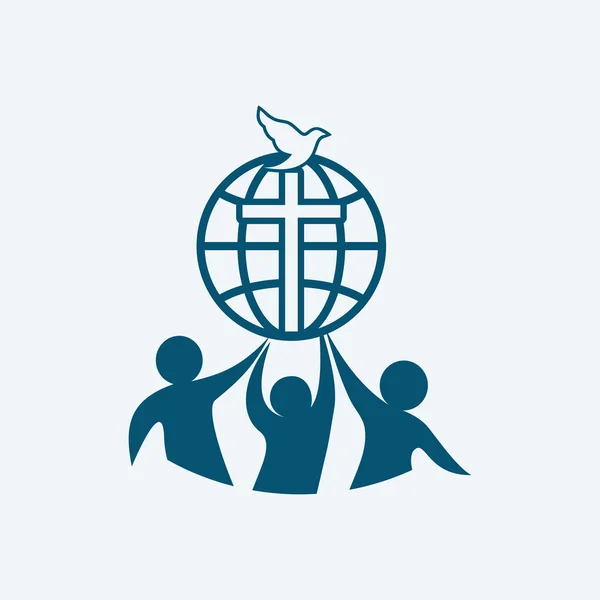 Kerk logo. Dove, fellowship, mensen, silhouetten, kruis, globe, pictogram, symbool — Stockvector