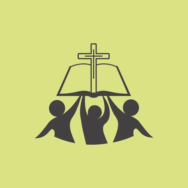 Kerk logo. Lidmaatschap, Bijbel, fellowship, mensen, silhouetten, kruis, globe, pictogram, symbool — Stockvector