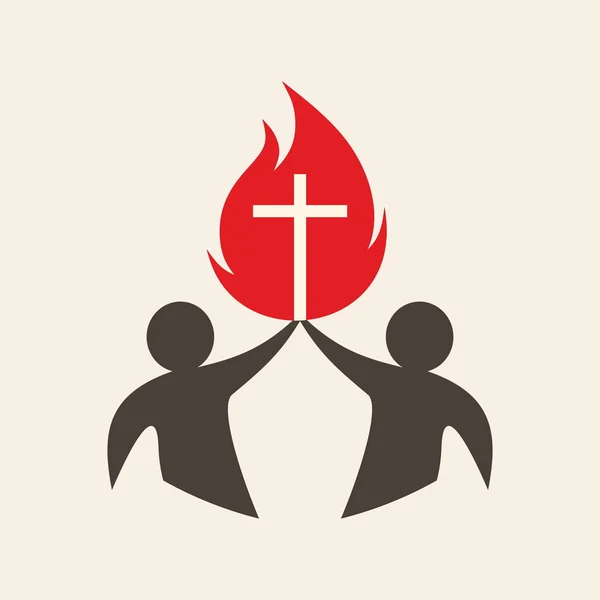 Kirchenlogo. Menschen, die eine Flamme mit einem Kreuz hochhalten — Stockvektor