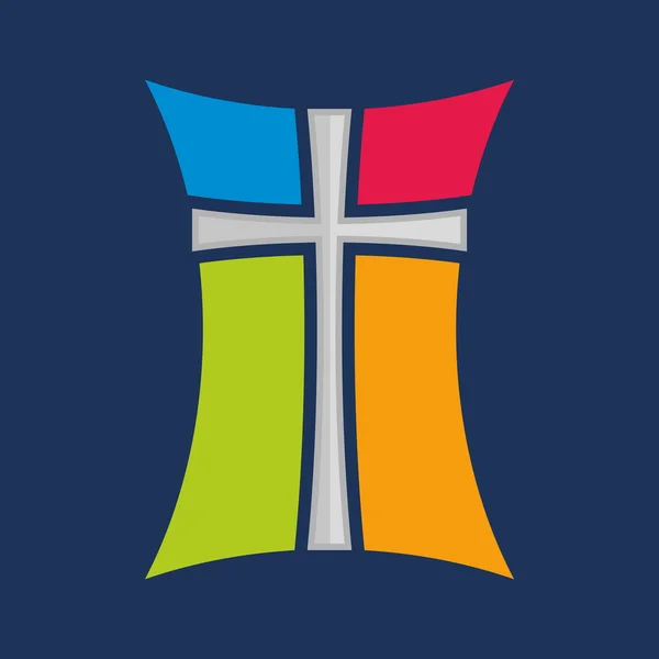 Kerk logo. Gebrandschilderd glas vensterpictogram Kruis — Stockvector