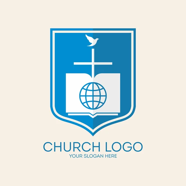 Church logo. Shield, cross, globe, Bible, dove, pages, missions — Stock Vector