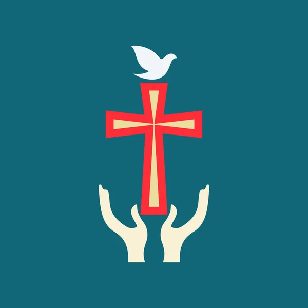 Logo de l'église. Colombe, croix, mains, christianité, symbole, icône — Image vectorielle