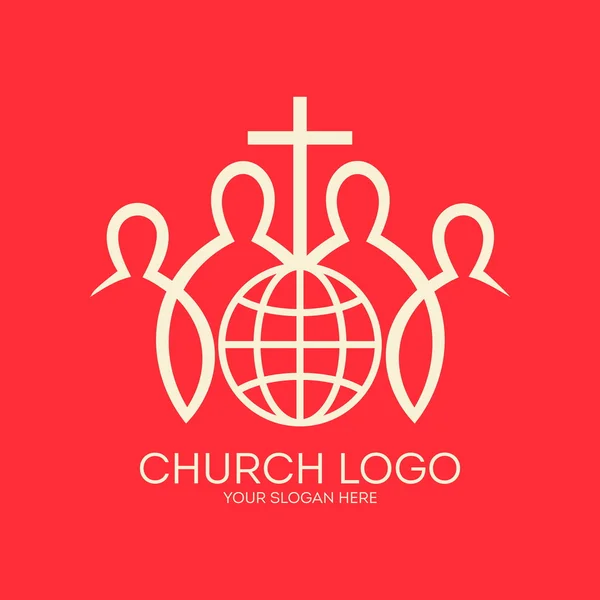 Logo de l'église. Missions, fraternité chrétienne, croix, membres, globe, monde, icône — Image vectorielle