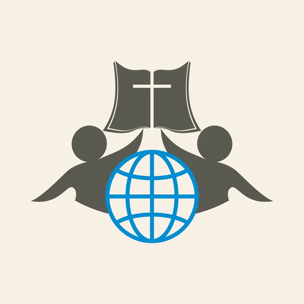 Kerk logo. Globe, mensen, lidmaatschap, Bijbel, cross, pictogram, grijs, blauw — Stockvector