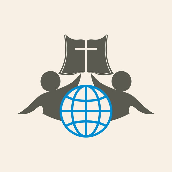 Логотип церкви. Глобус, люди, членство, Библия, крест, икона, фай, синий
