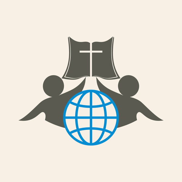 Church logo. Globe, people, membership, Bible, cross, icon, gray, blue