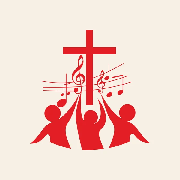 Kerk logo. Cross, muziek, muziek notities, lied, koor, mensen, rood — Stockvector