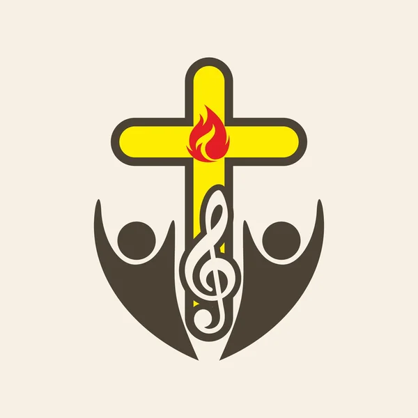 Logotipo da igreja. Coro, música de adoração, cruz, G fenda, música, ícone, chama, pessoas, música, ícone —  Vetores de Stock