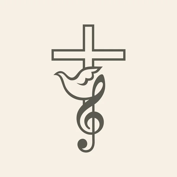 Logo de la iglesia. Adorar la música, música, llave, hendidura G, paloma, cruz, icono — Vector de stock