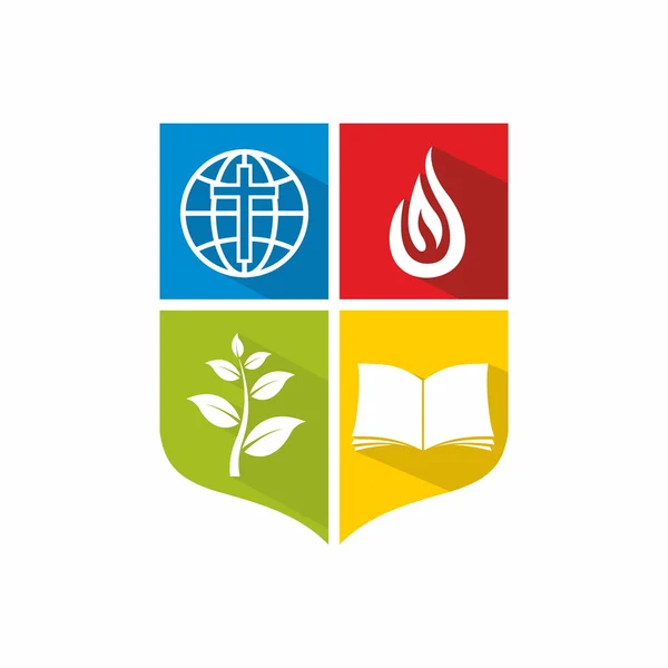 Církev logo. Barevné bloky, zelená, žlutá, Bible, růst, sadba, mise, štít, plamen, kříž, glóbus, červená, modrá, ikony — Stockový vektor