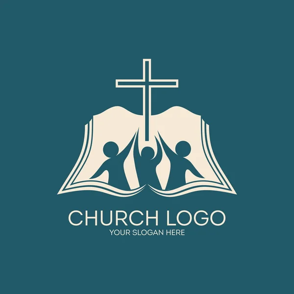 Logotipo da igreja. Associação, bíblia, comunhão, pessoas, silhuetas, cruz, ícone, símbolo — Vetor de Stock