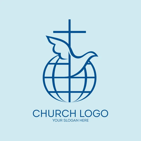 教会のロゴ。ミッション、グローブ、クロスは、キリスト教の鳩のアイコン — ストックベクタ
