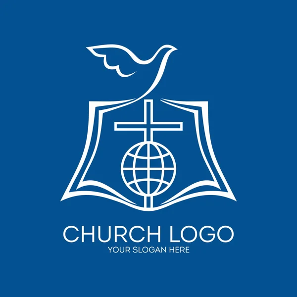Logo de la iglesia. Biblia, páginas, cruz y globo — Vector de stock