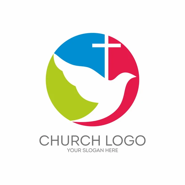 Logotipo da igreja. Redonda, pomba, Espírito Santo e cruz — Vetor de Stock