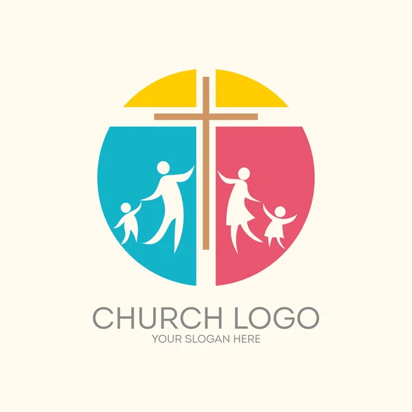 Logotipo da igreja. Rodada, cruz, família —  Vetores de Stock