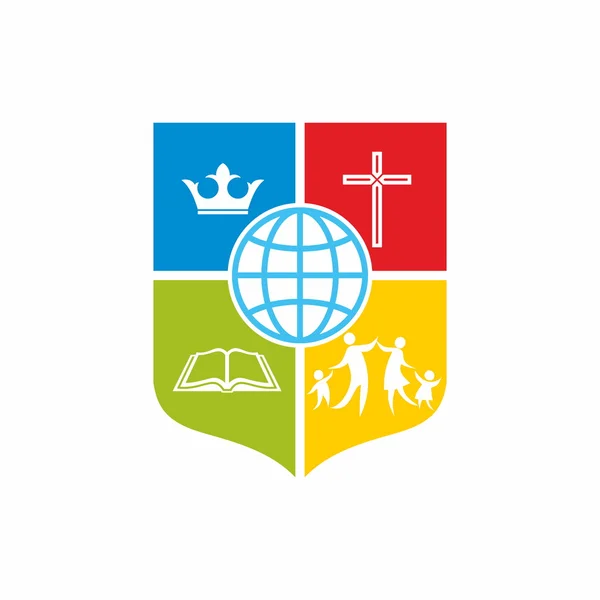 Logotipo da igreja. Escudo, igreja, cruz, blocos de cores, ícone, pomba, chama, Bíblia, missões, cruz —  Vetores de Stock