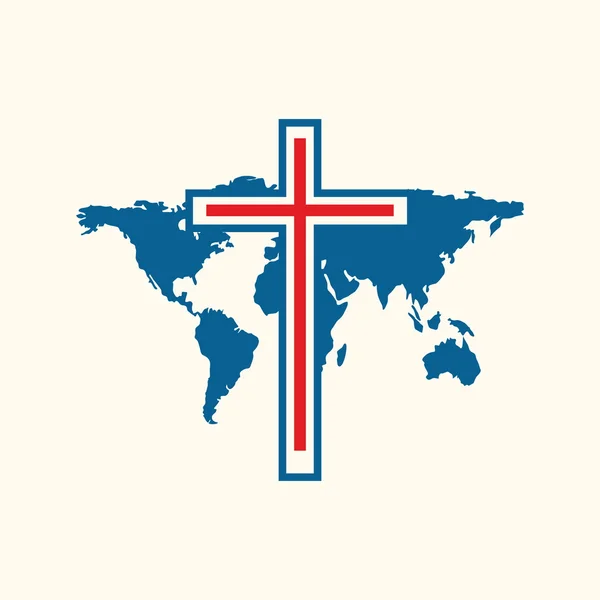 Logo de l'église. Carte du monde et croix — Image vectorielle