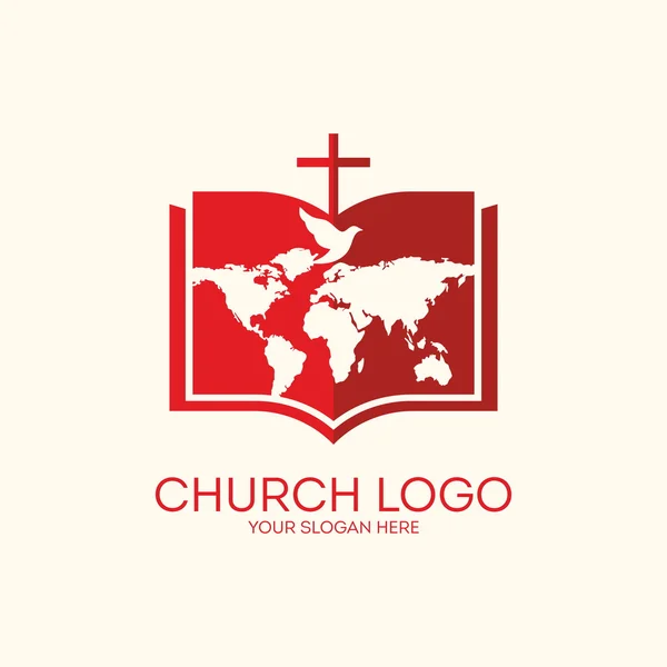 Logotipo da igreja. Bíblia, páginas, mapa do mundo e cruz —  Vetores de Stock