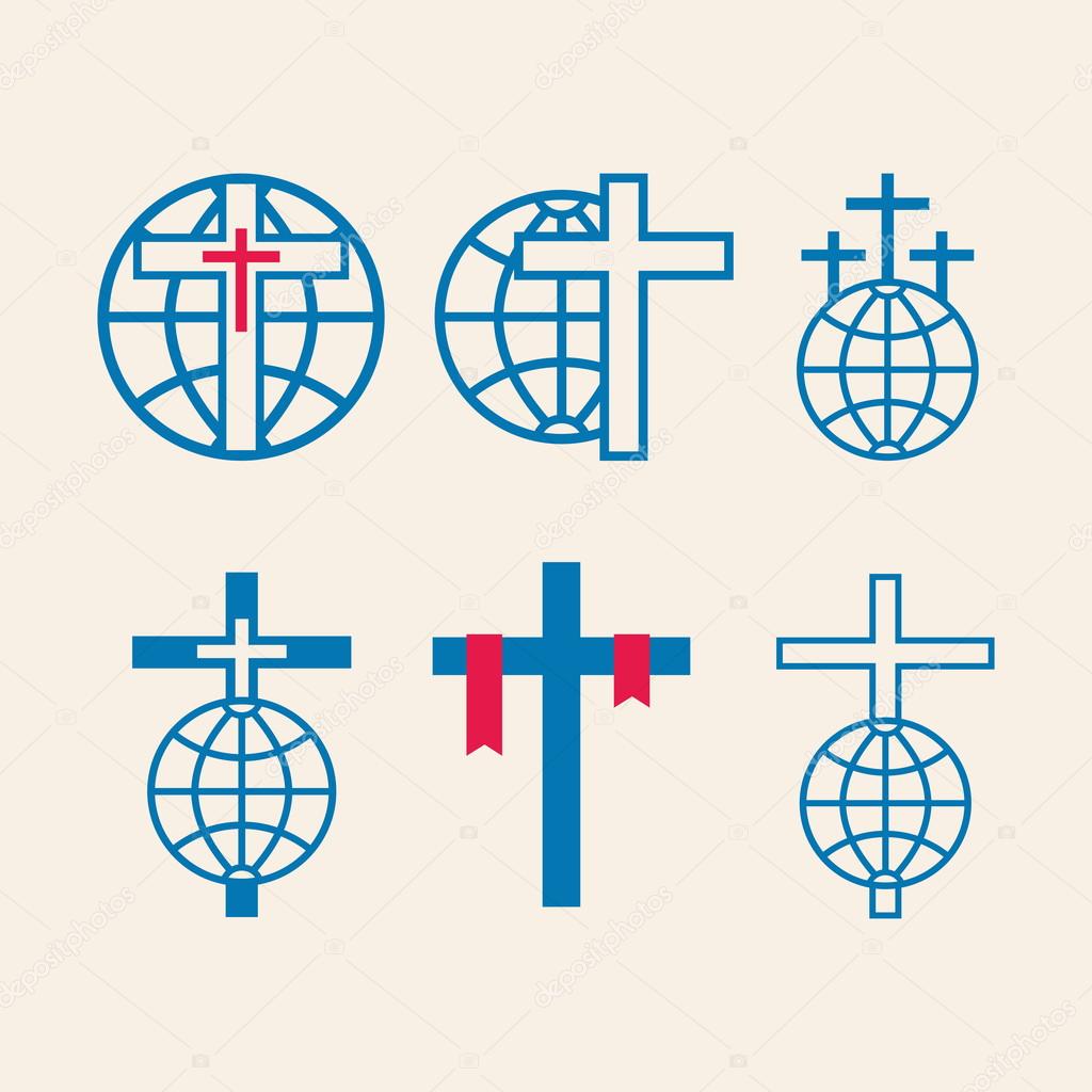 Set of church logo. Crosses with globes, missions, icon