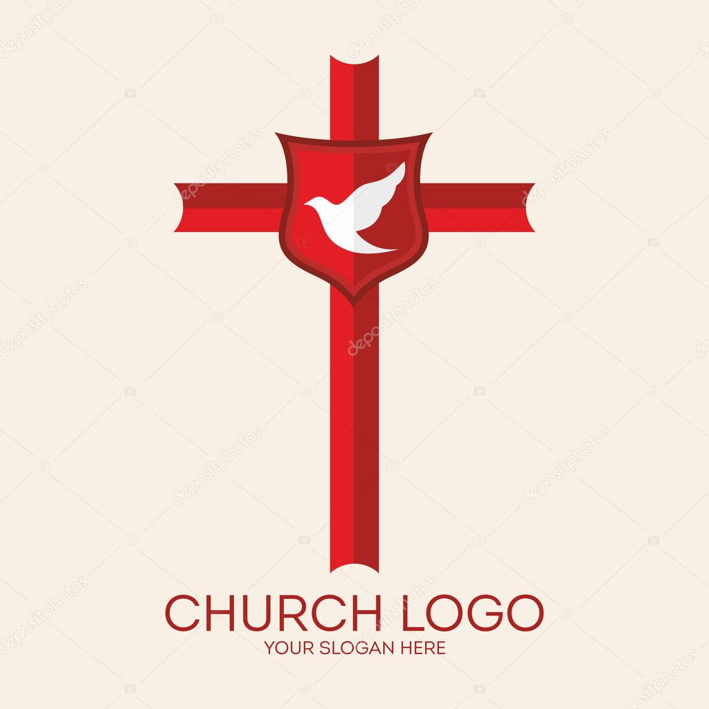 Church logo. Dove, cross, red, shield, icon, Christian