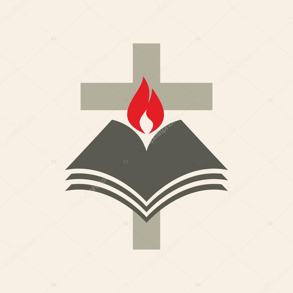 Church logo. Cross, flame, Bible, icon