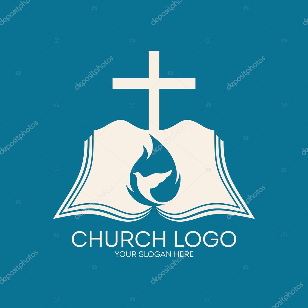 Church logo. Cross, flame, Bible, icon