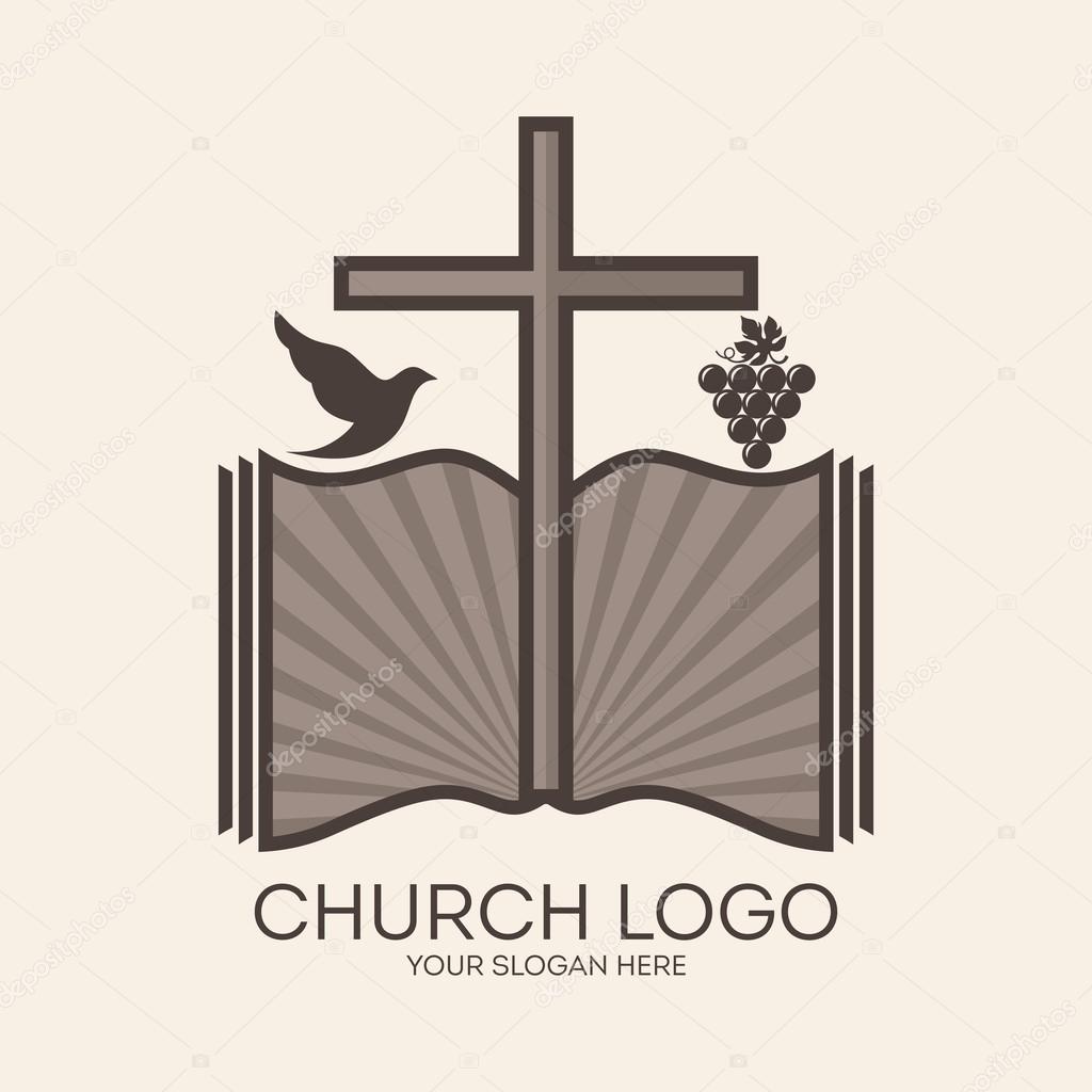 Church logo. Cross, dove, grapes, Bible, icon