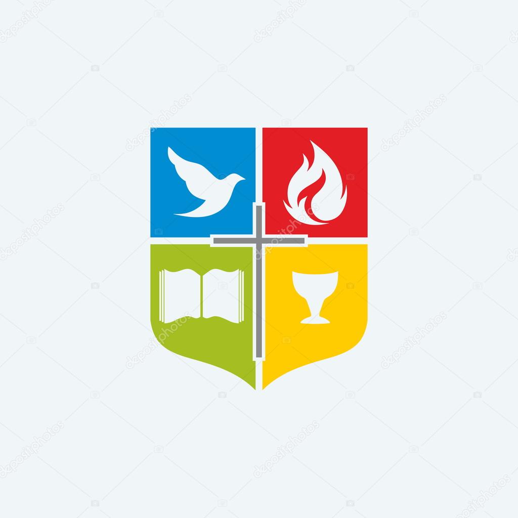 Church logo. Shield, cross, red, blue, red, green, color blocks, Bible, chalice, dove, flame