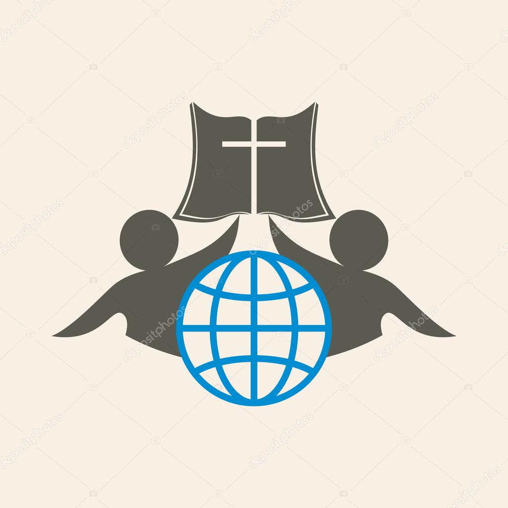 Church logo. Globe, people, membership, Bible, cross, icon, gray, blue