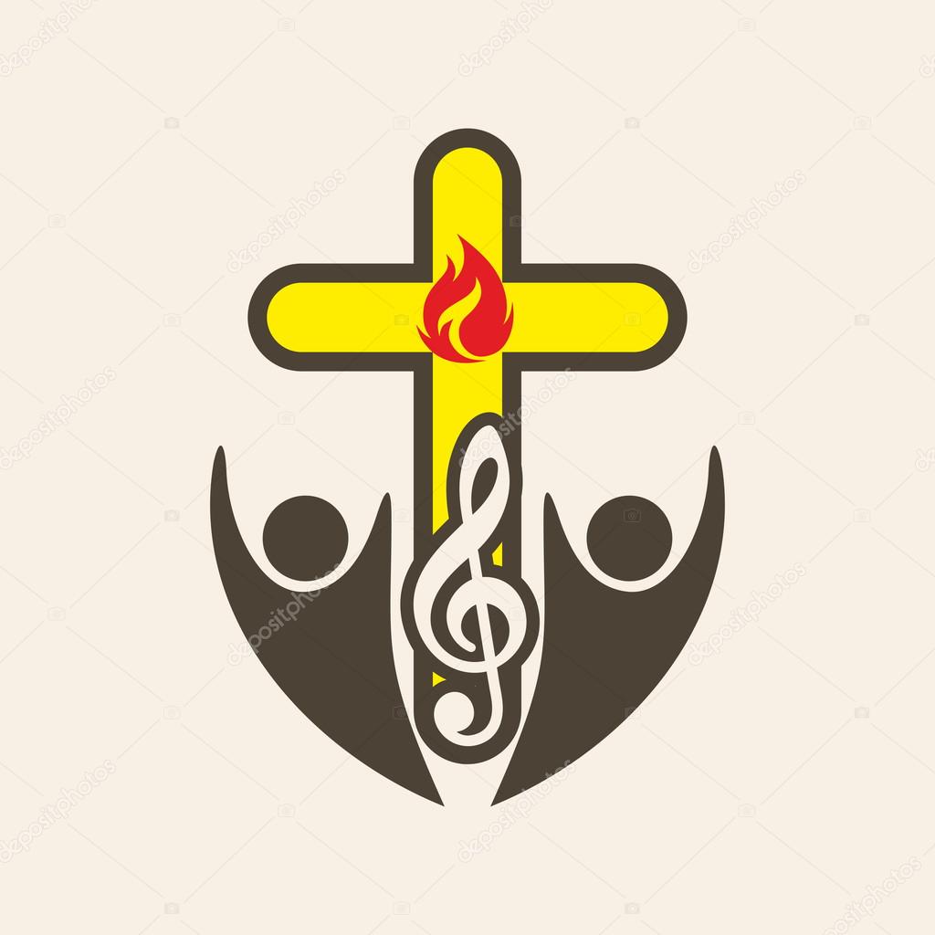 Church logo. Choir, worship music, cross, G cleft, music, icon, flame, people, song, icon