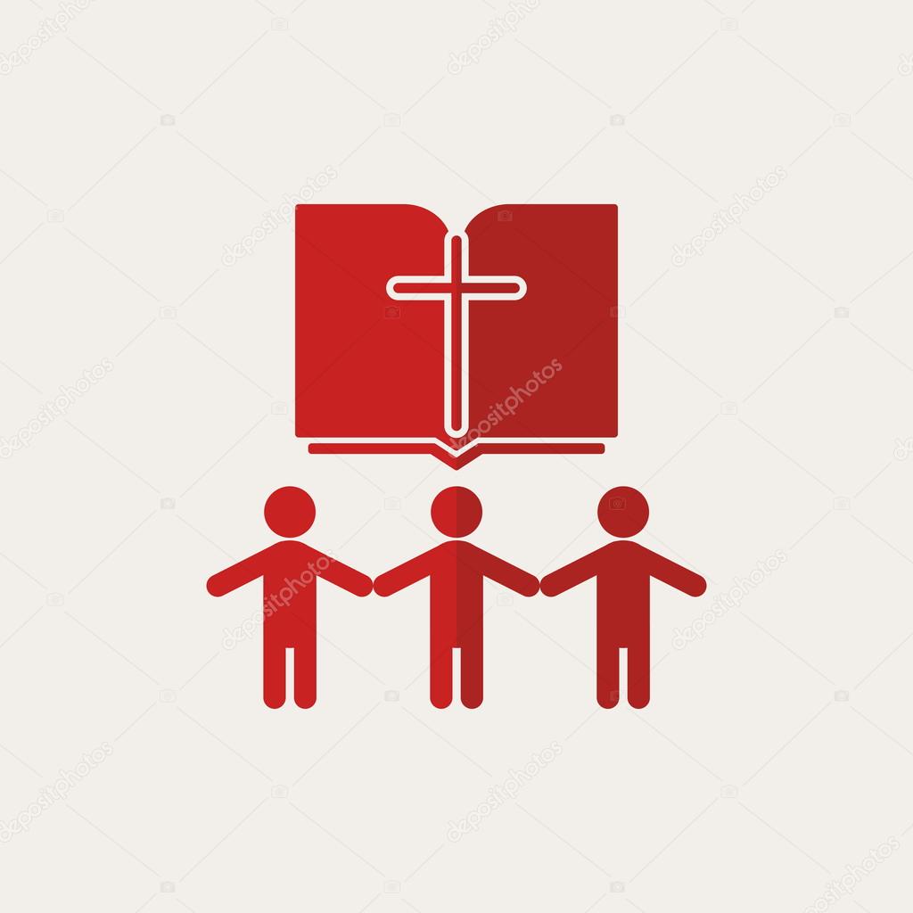 Church logo. People holding hands, group, Bible, cross, members, church, parishioners