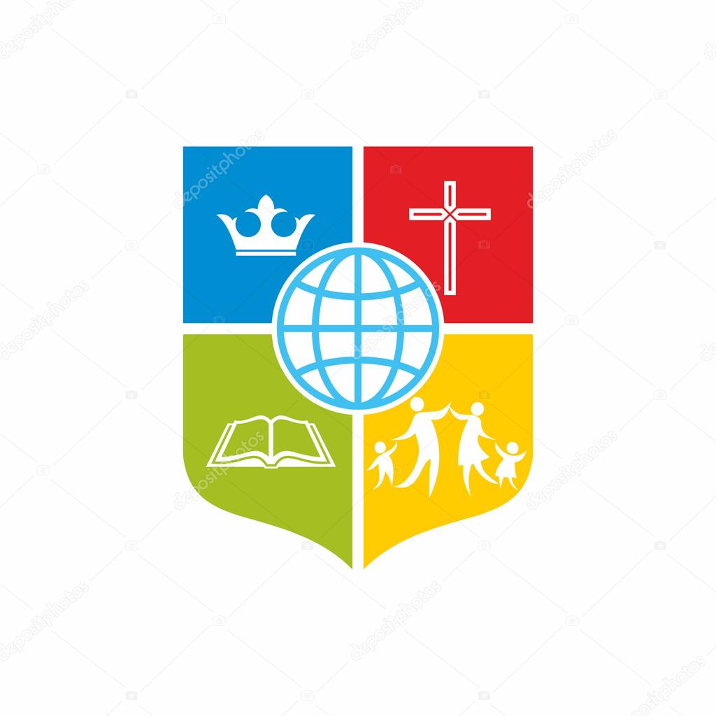 Church logo. Shield, church, cross, color blocks, icon, dove, flame, Bible, missions, cross