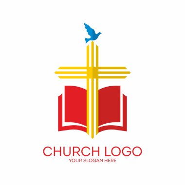 Kilise logosunu görmeniz gerekir. Çapraz İncil, güvercin, simge, kırmızı, sarı, mavi