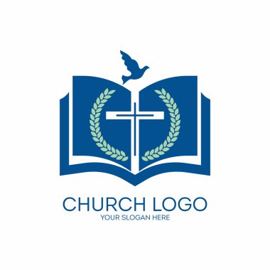 Kilise logosunu görmeniz gerekir. İncir, çapraz, İncil,, sayfalar, güvercin, simge, mavi