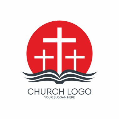 Kilise logosunu görmeniz gerekir. Üç haçlar, çapraz, gündoğumu, sayfaları, İncil, kutsal kişilerin resmi