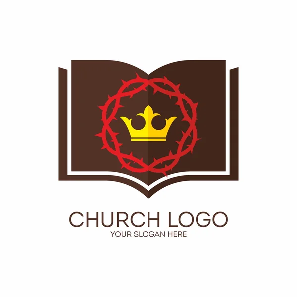 Logotipo da igreja. Coroa de espinhos, coroa, rei, Bíblia, ícone — Vetor de Stock