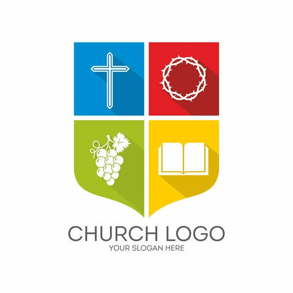 Církev logo. Barevný blok, modrá, zelená, červená, žlutá, kříž, hrozny, Bible, korunu z trní, štít, ikony — Stockový vektor
