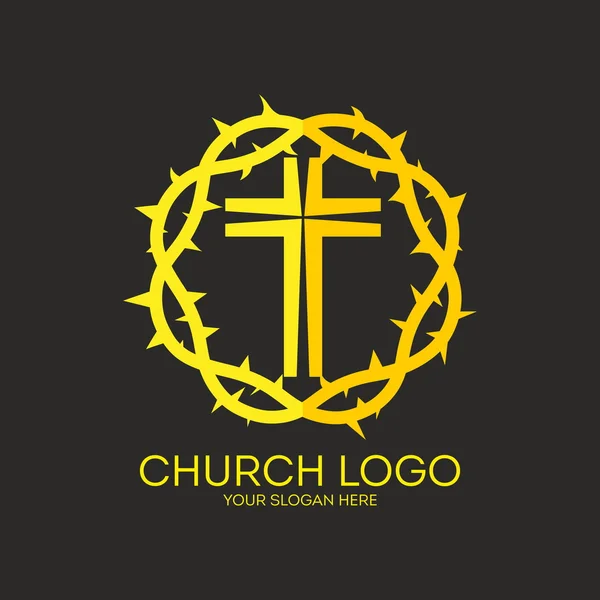 Logo de la iglesia. Amarillo, corona de espinas, cruz, icono — Vector de stock