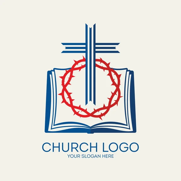 Church logo. Cross, crown of thorns, red, blue, bible, pages, icon — Stock Vector