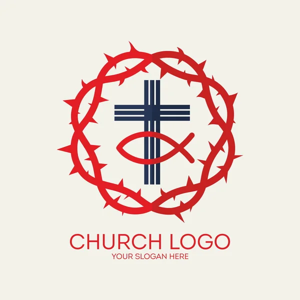 Církev logo. Koruna trny, kříž, Ježíš ryby, ikony — Stockový vektor