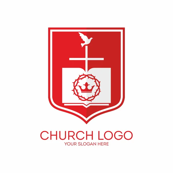 Logo della Chiesa. Scudo, corona di spine, corona, bibbia, croce, colomba, rosso, bianco, pagine — Vettoriale Stock
