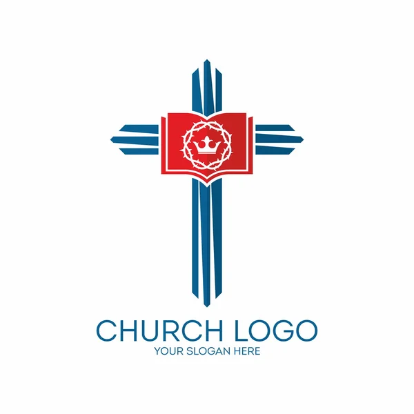 Logotipo da igreja. Cruz, Bíblia, coroa de espinhos, coroa, azul, vermelho, branco, ícone — Vetor de Stock