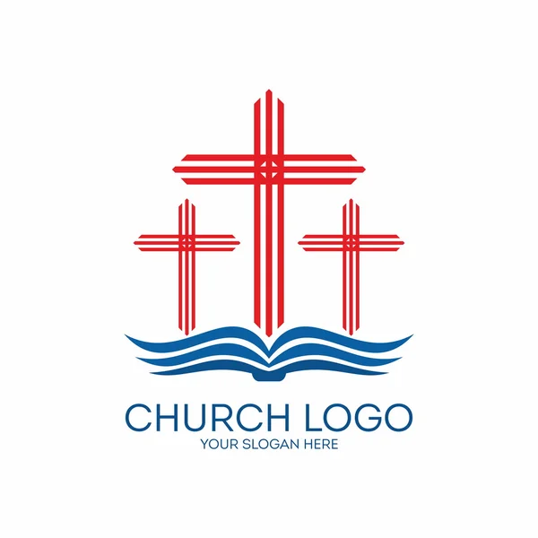 Logo de la iglesia. Tres cruces de las páginas de una Biblia — Vector de stock