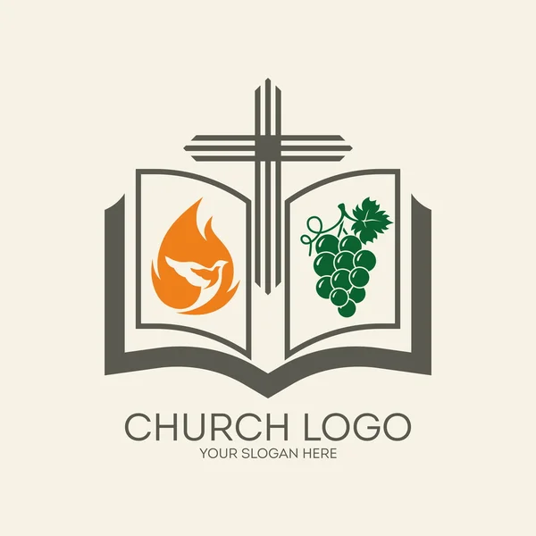 Logotipo da igreja. Cruz, Bíblia, chama, uvas, pomba, ícone, cinza, laranja, verde, ícone, símbolo —  Vetores de Stock