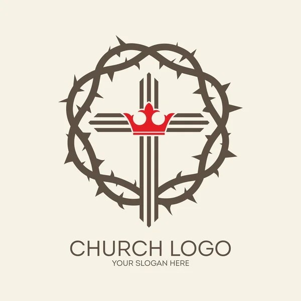 Logo de la iglesia. Corona de espinas, cruz, corona, gris, rojo, icono, cristianismo, rey — Vector de stock