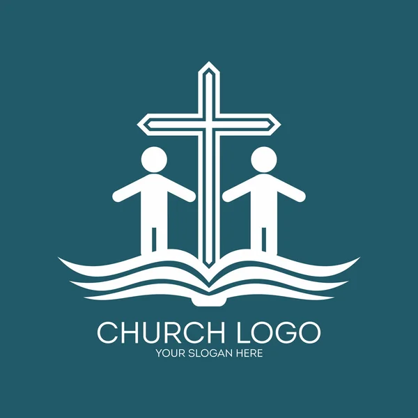 Church logo. People, Bible, membership, parishioners, cross, pages, icon — Stock Vector