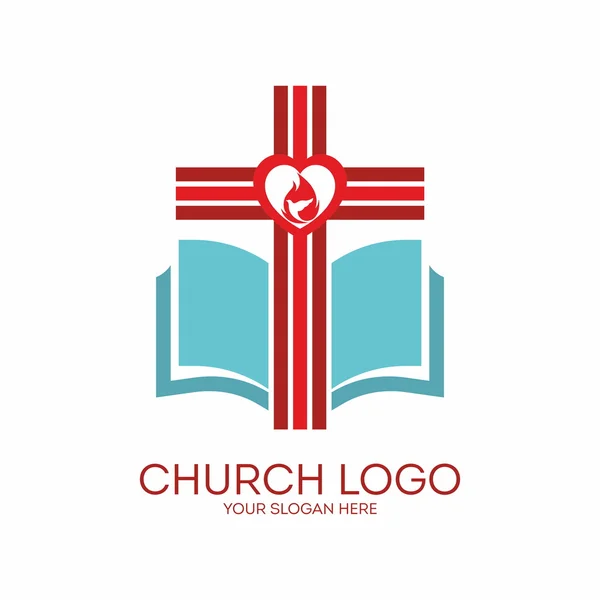 Kerk logo. Kruis, hart, rood, wit, blauw, pictogram, pagina's, Bijbel, vlam, duif — Stockvector