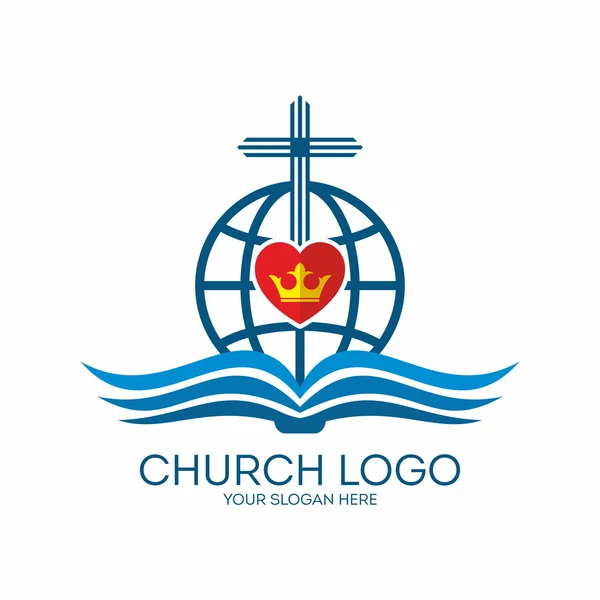 Логотип церкви. Миссии, венец, сердце, Библия, страницы, глобус, икона, крест — стоковый вектор