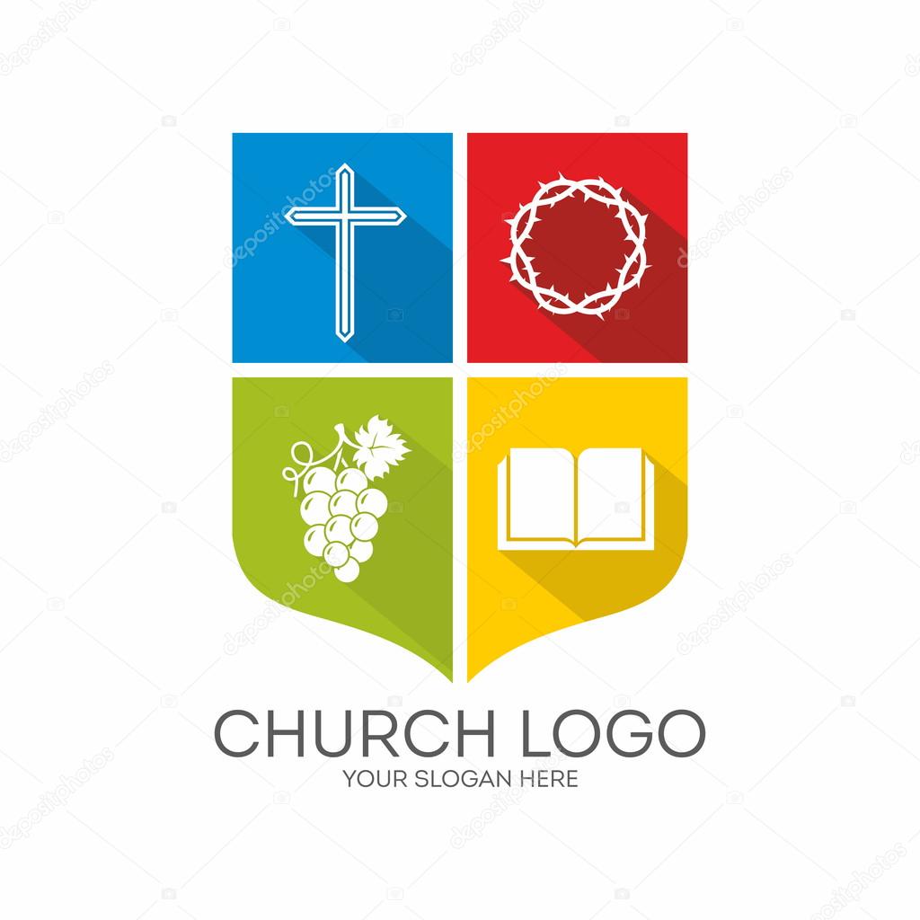 Church logo. Color block, blue, green, red, yellow, cross, grapes, Bible, crown of thorns, shield, icon