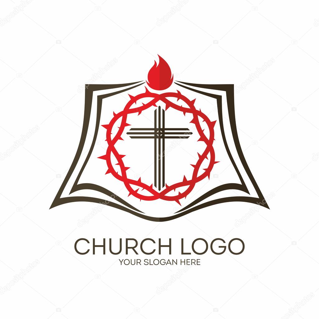 Church logo. Crown of thorns, cross, shield, flame, icon, red, black